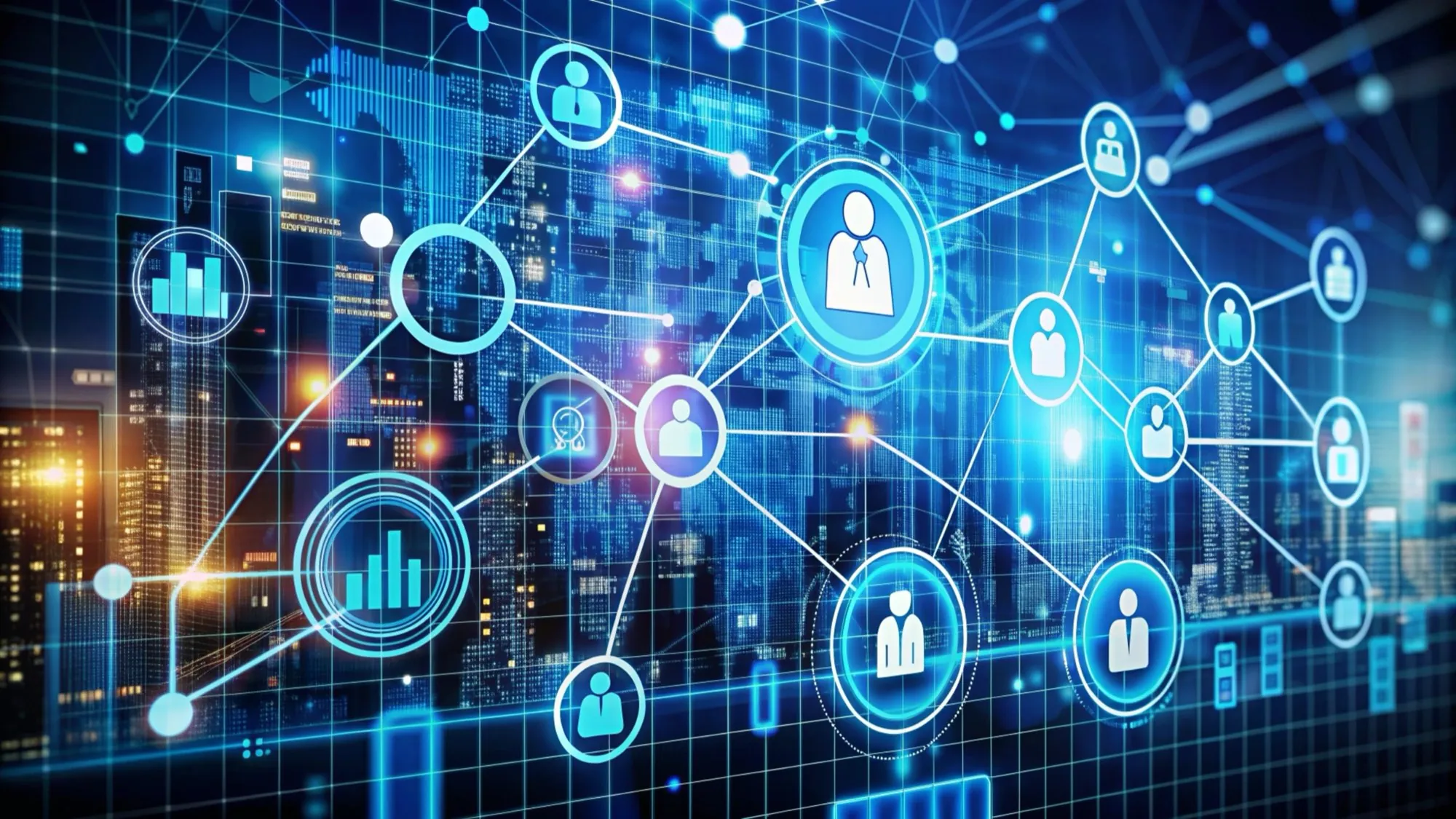 Enterprise intelligence network — people, data and systems connected through a single controlled hub